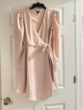 Express Blush Light Pink Wrap Dress with Long Puff Shoulder Sleeves